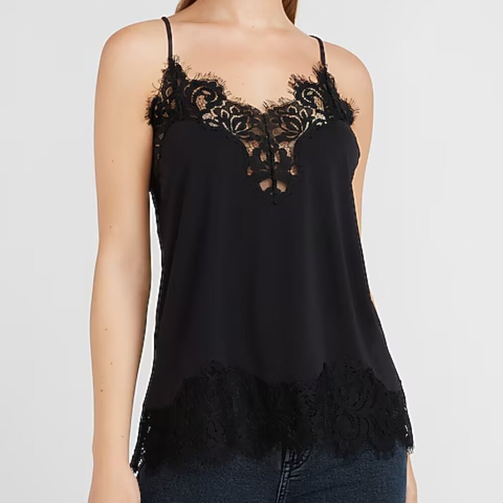 EXPRESS WOMEN'S LACE TRIM BLACK CAMI CAMISOLE SPAGHETTI STRAPS XXS NWT 🦋